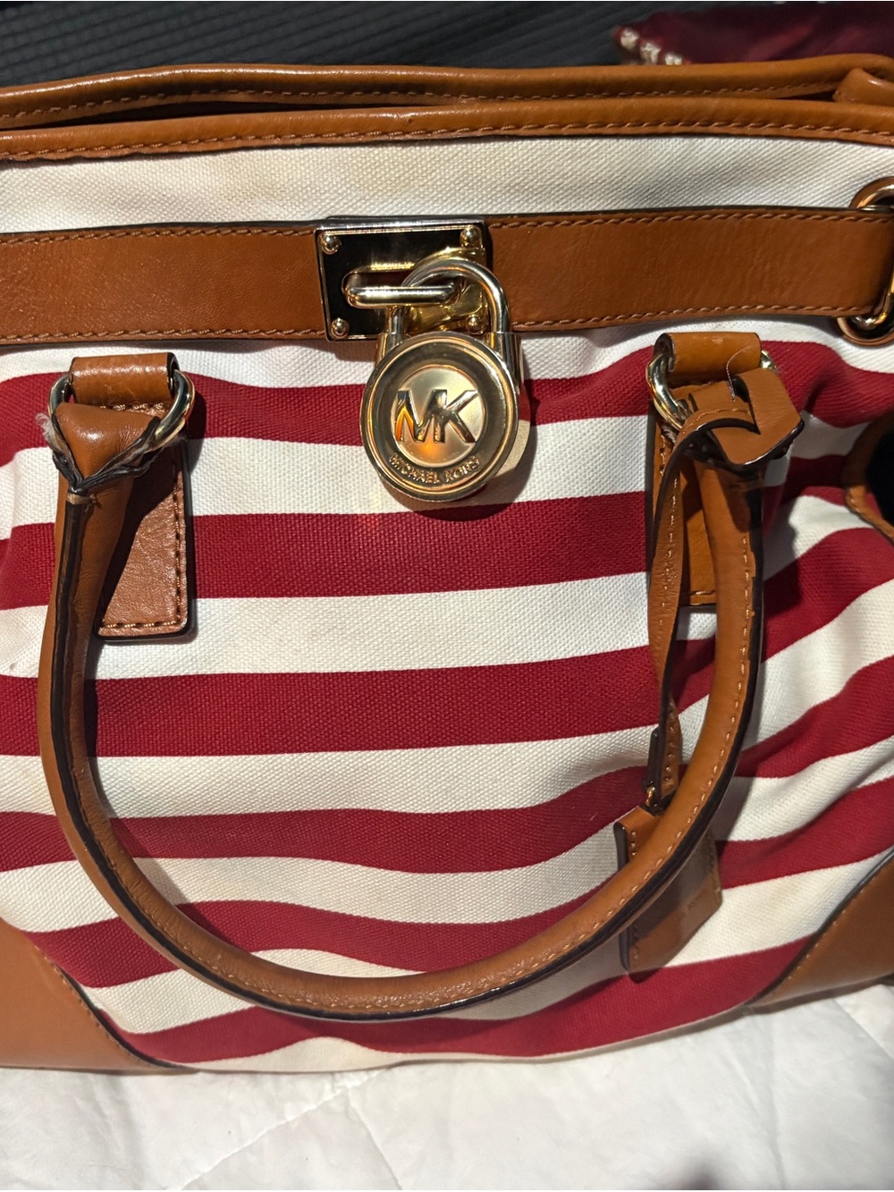Michael Kors Red and White Striped Tote with Tan Trim